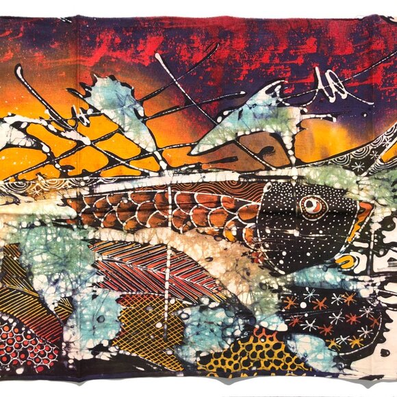 Batik Fabric Art Panel Koi fish hand painted artisan vintage long wall hanging - Picture 5 of 6